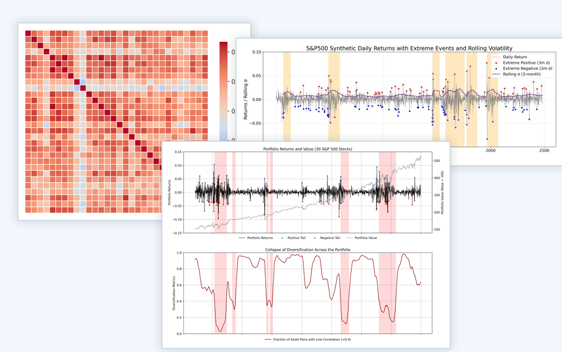 Skanalytix research diagnostics showing a cross-asset correlation matrix, extreme-return and volatility behaviour, and portfolio diversification dynamics